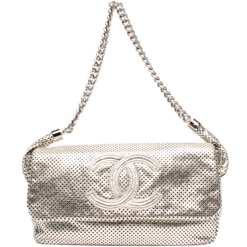 Beautiful! Chanel metallic silver perforated leather shoulder bag